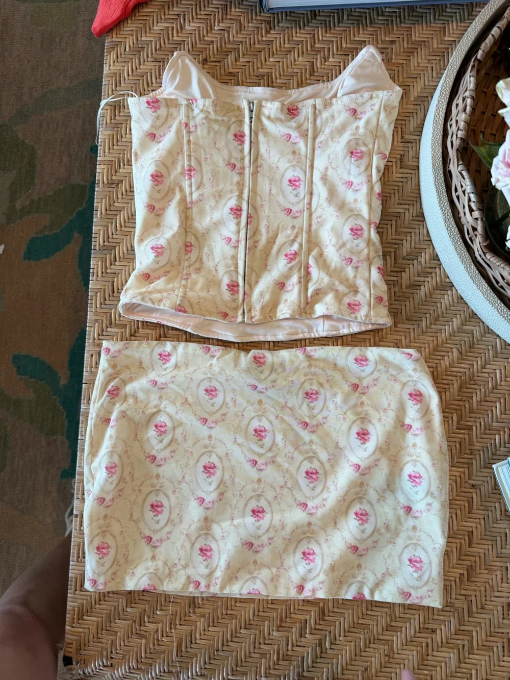 Edikted Cream and Pink Floral Corset Top + Mini Skirt Set